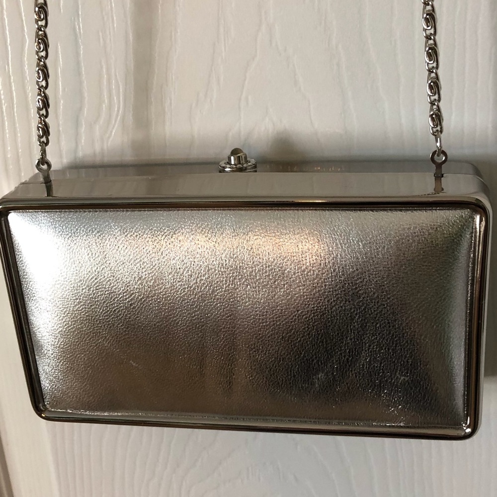 Silver Shoulder Chain or Clutch Vintage Evening Bag~Box Style with Jeweled Clasp